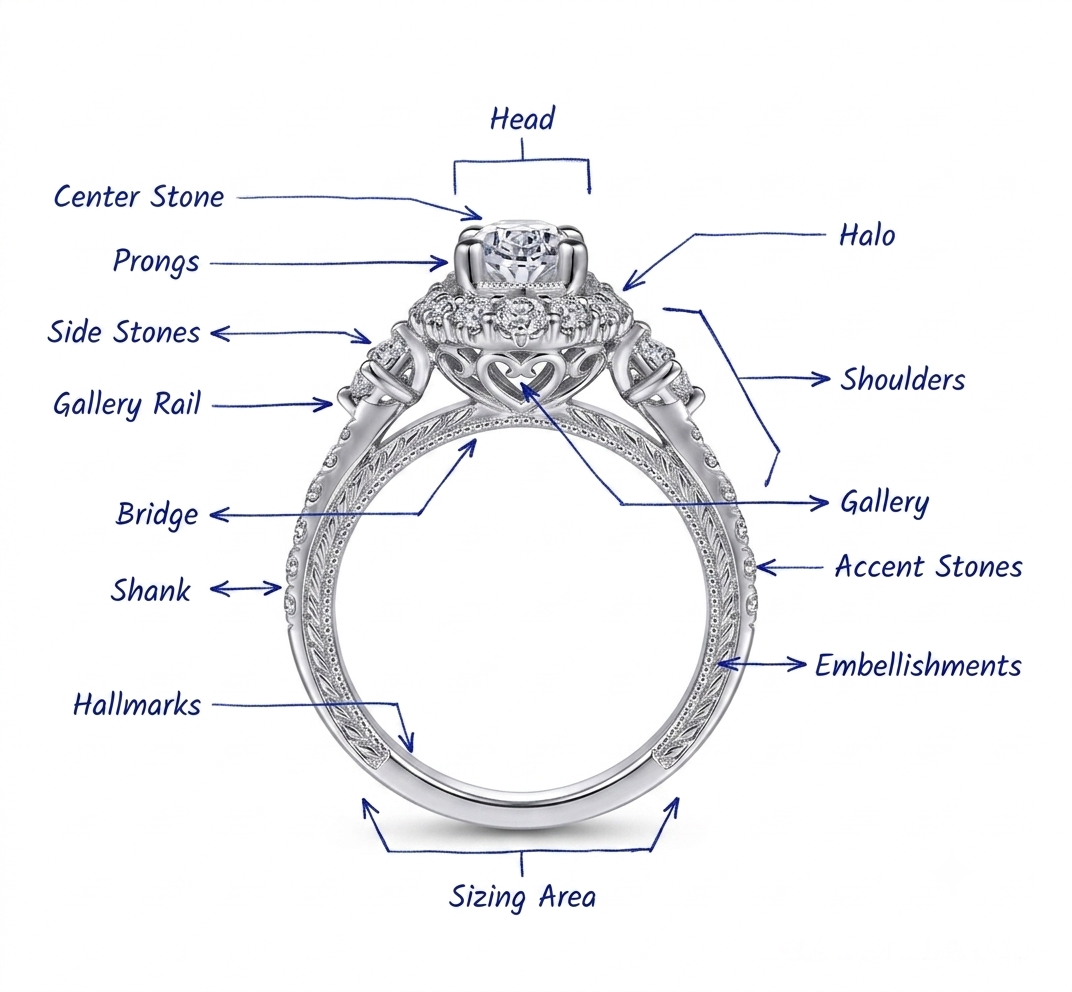 Diagram of an engagement ring's structural parts: head, gallery, bridge, shoulder and shank